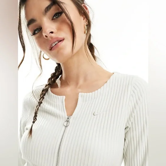 NIKE Chill Ribbed Slim Full Zip Cardigan Women’s Bone White Zip Up Jacket Sz S - Picture 2 of 7